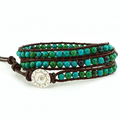 BLUEYES COLLECTION "Amicable Blue Mix Green Chrysocolla Gemstone Beads Genuine Leather Bracelet, 3 Wraps