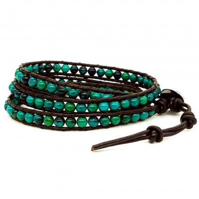 BLUEYES COLLECTION "Amicable Blue Mix Green Chrysocolla Gemstone Beads Genuine Leather Bracelet, 3 Wraps