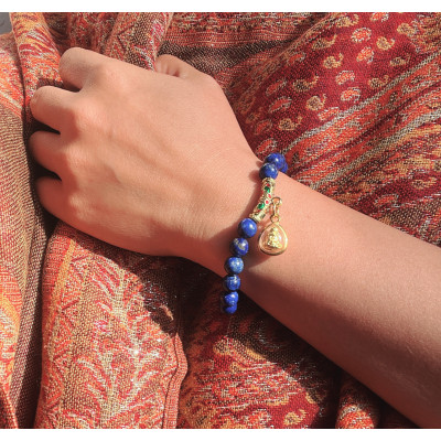 BLUEYES COLLECTION Natural Gem Semi Hiding face Buddha Amulet Charm Precious Stone 8mm Round Beads Stretch Bracelet 7.5" Unisex (Lapis-lazuli)