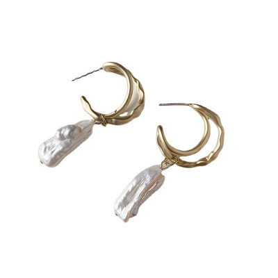 BLUEYES COLLECTION Natural Asymmetrical Baroque-shaped pearls 925 Silver Post 14K Earring-004