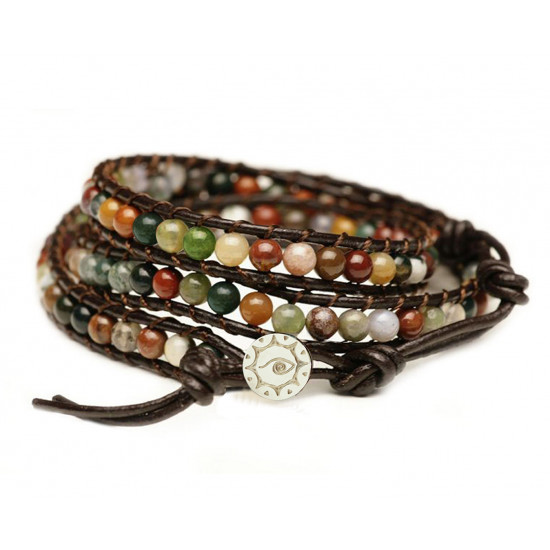 BLUEYES COLLECTION "Hot Mix Color India Agate Stainless Steel Snap Button Lock Genuine Leather Bracelet